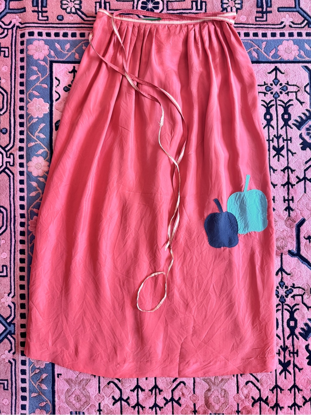 Vintage Pink Silk Maxi Skirt with Apple Appliqué Detail
